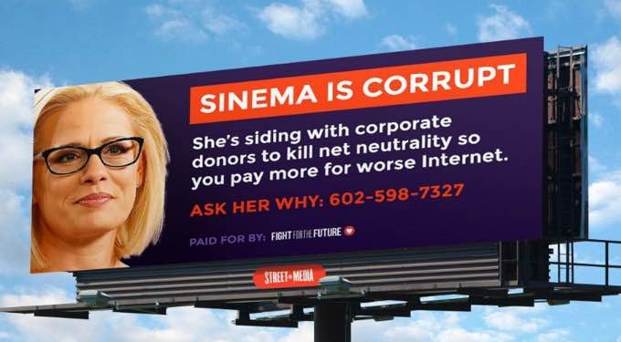 ‘Nowhere to Hide’: Billboard to Target Kyrsten Sinema as Only Senate Democrat Standing Against Net Neutrality