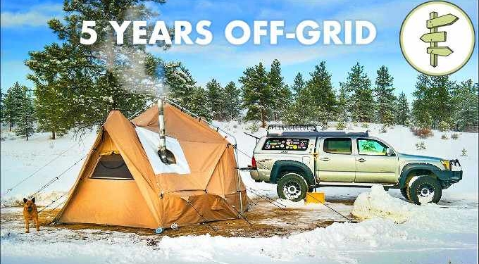 Extreme Off-Grid Living in a 4 Season Tent & Tiny Truck Camper